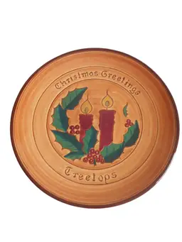 Vintage 1960s Redware Plate Tree Tops Christmas Candles Pennsbury Pottery Signed