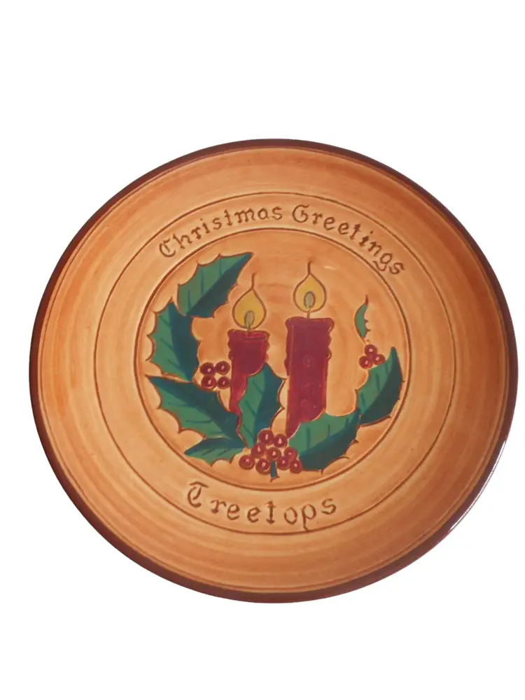 Vintage 1960s Redware Plate Tree Tops Christmas Candles Pennsbury Pottery Signed