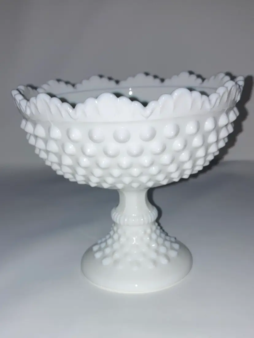 Vintage Fenton White Hobnail Milk Glass Footed Bowl! Embossed! 5 1/2” Tall 6” Wide!