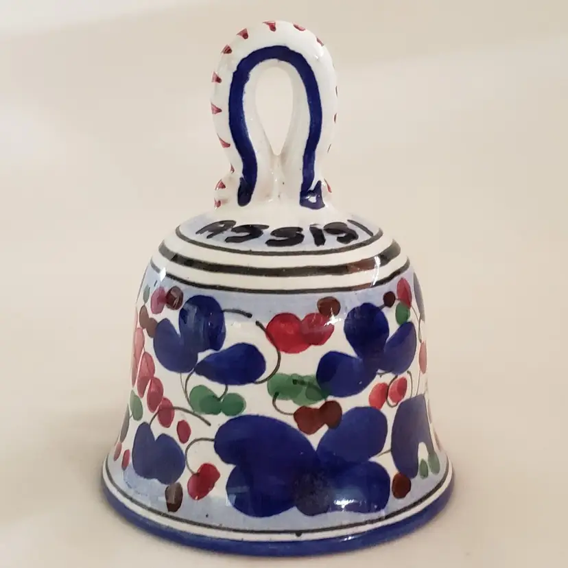 Deruta Loop Handle Bell from Italy Blue White Hand Painted Ceramic 3½" tall Vintage