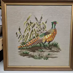 Colorful Vintage Framed Pheasant Needlepoint