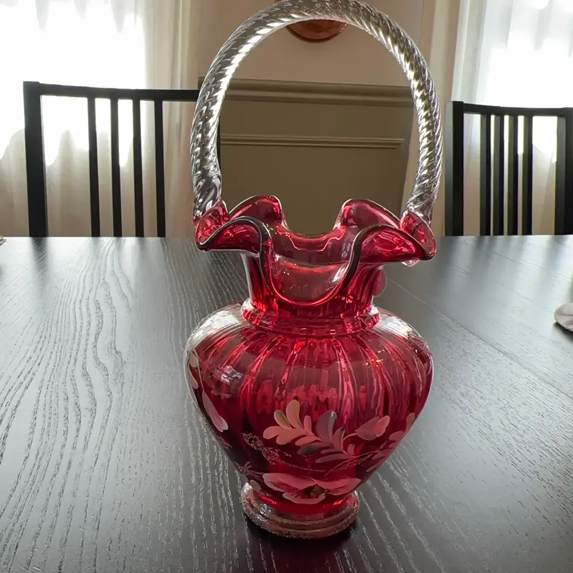 Fenton Legacy Collection Hand Painted Cranberry Glass 95th Anniversary Ruffled Basket