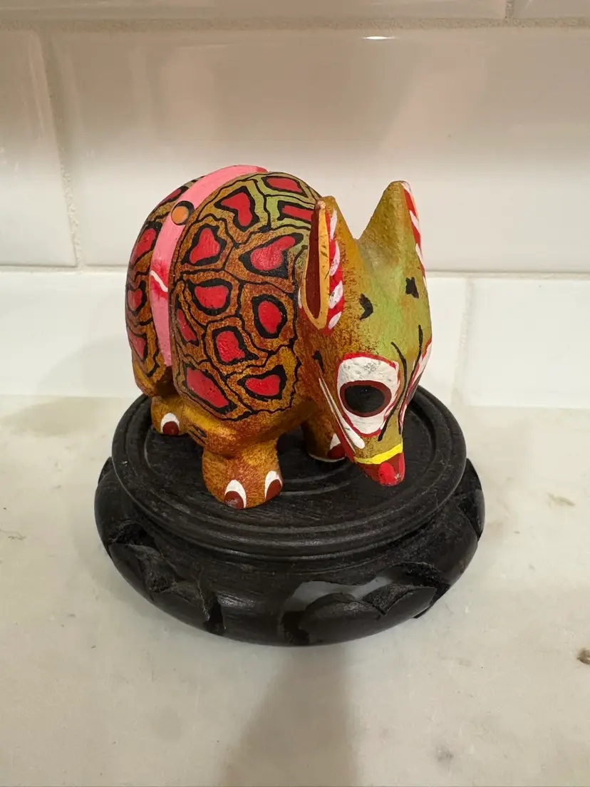 Wood Carving Art Mexico Hand Painted Oaxaca Sacred Armadillo