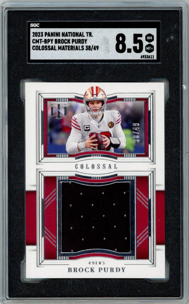 2023 National Treasures BROCK PURDY /49 Colossal Materials SP #CMT-BPY 49ERS SGC 8.5 NM-MT+