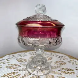Vintage Indiana Glass Kings Crown Thumbprint Red Flash Covered Compote