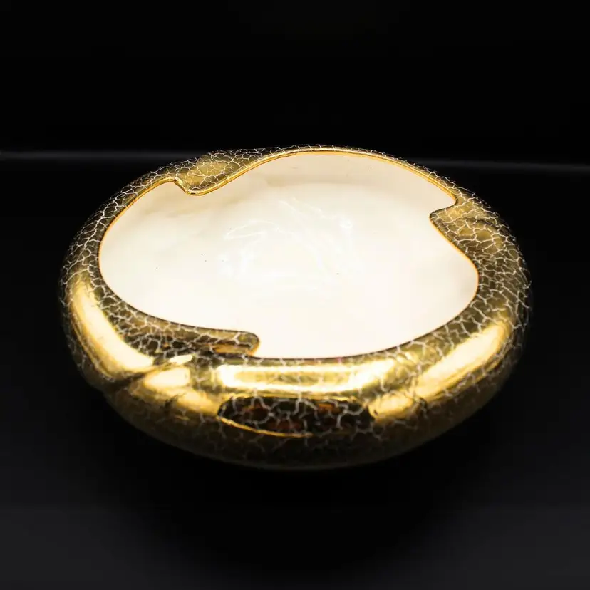 Vintage Mid-century Modern Gold Crackle Glaze Abstract Bowl by Fosters Pottery