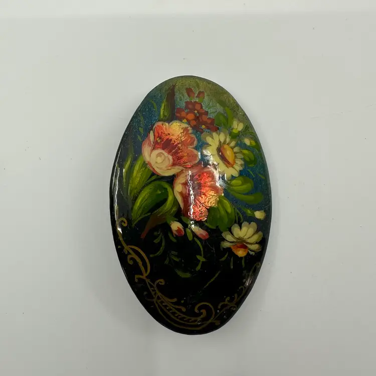 Vintage Hand Painted & Signed Russian Floral Lacquered Brooch