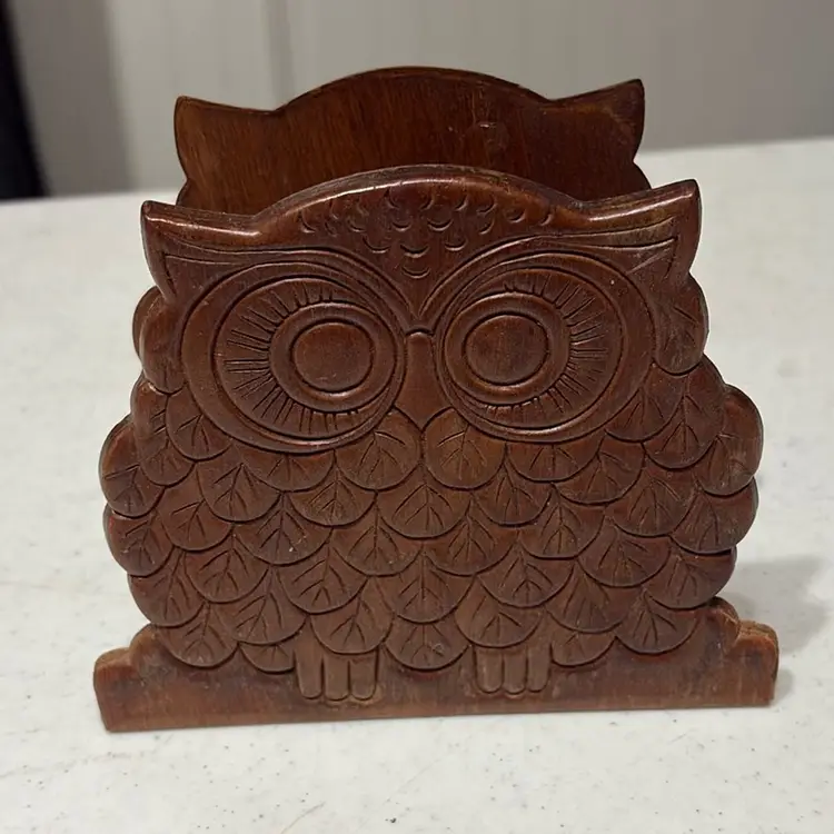 Wooden Vtg. MCM OWL Napkin/Bill Holder  Organizer 1970’s