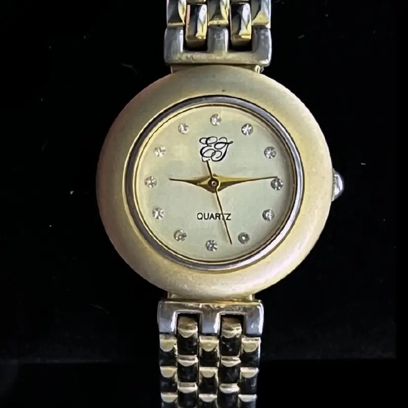 Vintage Elegant EJ Gold Tone Quartz Analog Ladies Watch with Rhinestone Markers