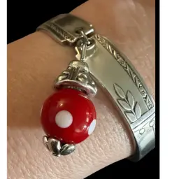 Vintage Silver Plate Spoon Bracelet With Red Glass Dangle Size 6.5”