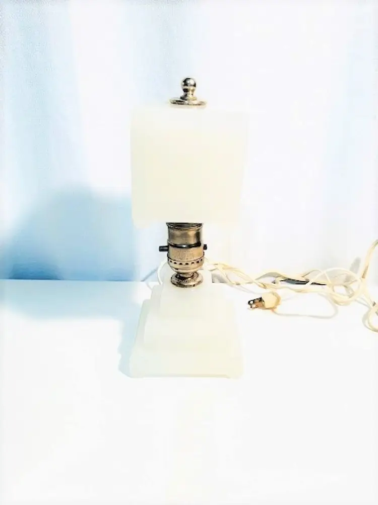 Art Deco Glass Boudoir Lamp White Opaque Glass | Vintage MCM Art Decor 1920s Glass Table Lamp Vanity Lamp Art Nouveau Design