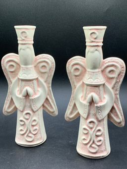 #01 2-  Mid Century Modern 8.25" Pink And Cream Ceramic Angel Candleholder Figurines