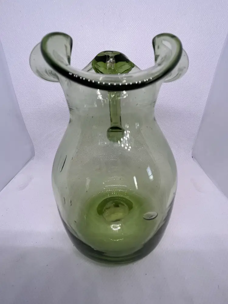 Vintage Hand-Blown Green Glass Pitcher with Applied Handle With Pontil