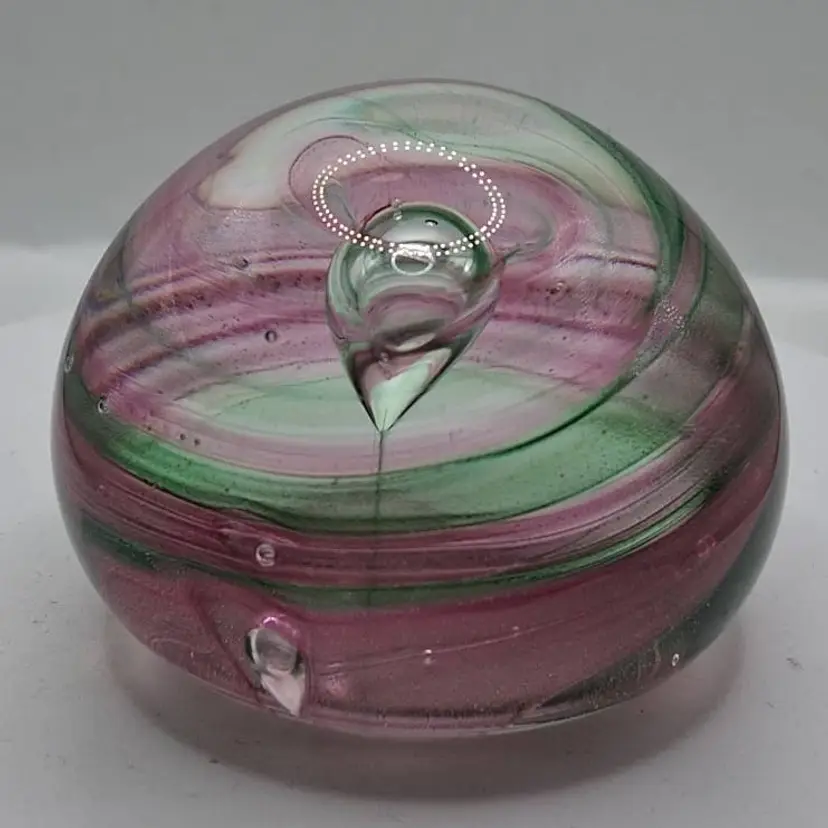 Studio Art Glass Hand Blown Pink & Green Swirled Paperweight