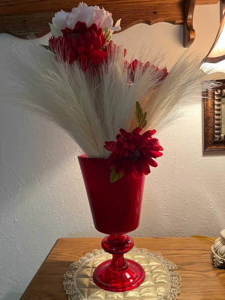 Blown Art Glass Ruby Red Cased Vase w/ Translucent Ruby Red Pedestal