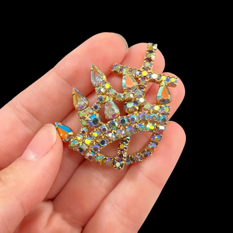 Stunning AB Rhinestone Crown And Cross Brooch, Vintage Aurora Borealis Rhinestone Brooch, Vintage Costume Jewelry