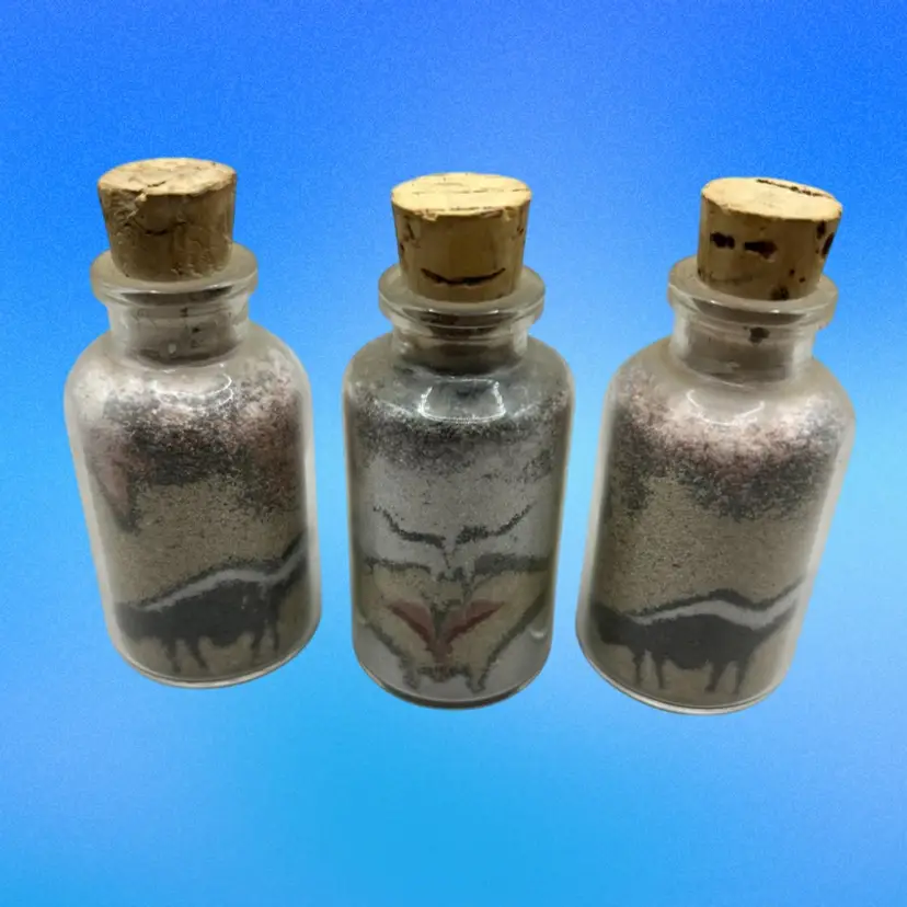 Vintage Lot Of 3 Small Glass Sand Art Bottles With Corks Skunks And Flowers 3”