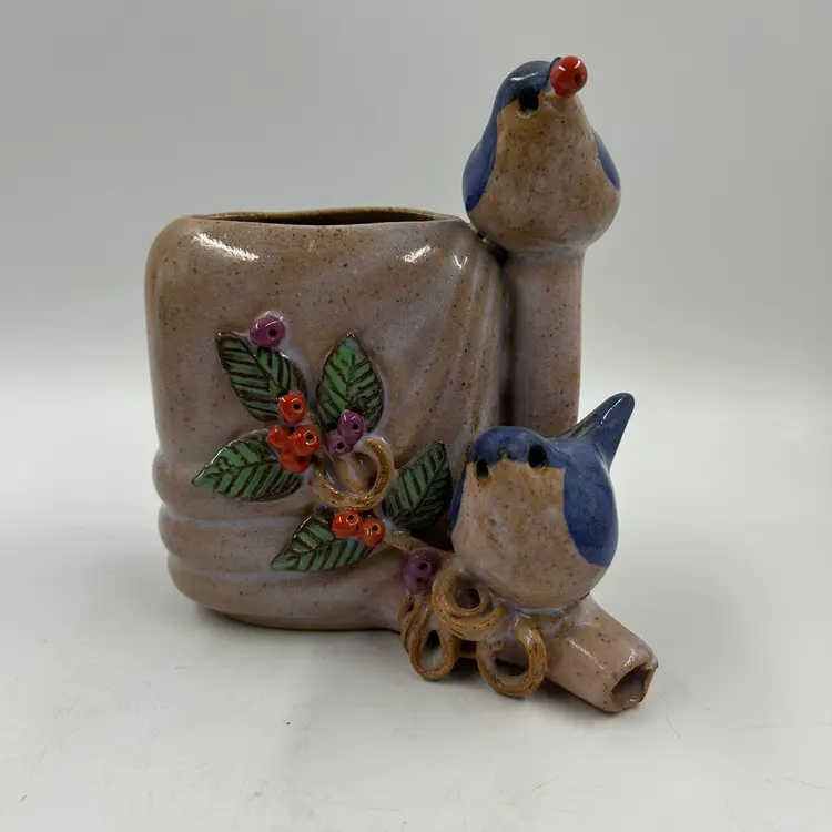Vintage Steve Vasiliou Studio Art Pottery Figural Blue Birds w Red And Purple Berries Planter Vase Signed And Numbered.