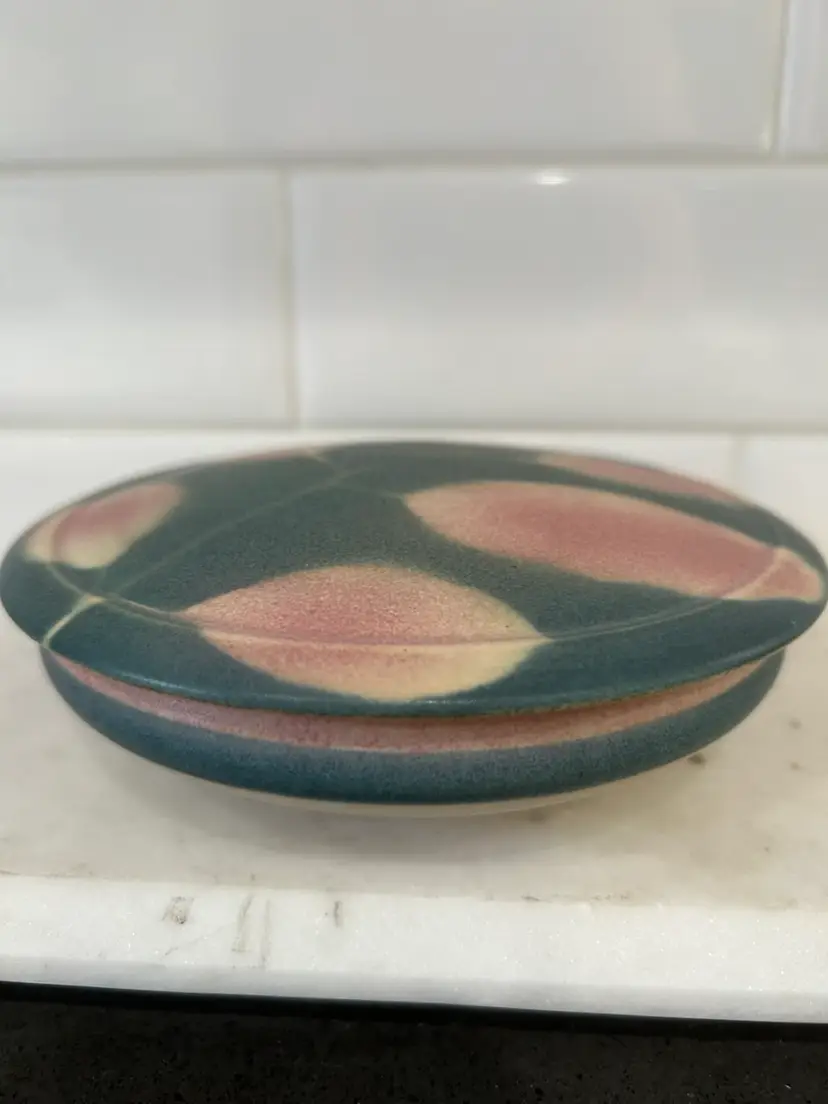Lidded Pottery Trinket Dish Green Leaf Motif Signed