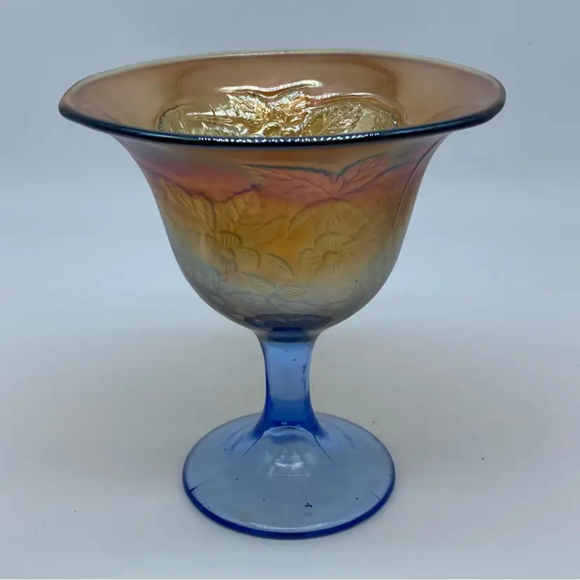 #1213 Fenton Art Glass "Peacock and Urn" marigold carnival glass Goblet.