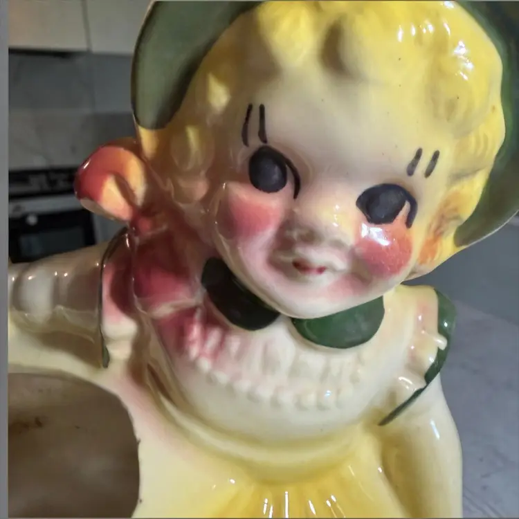Vintage MCM Cottage Core Southern Belle Bonnet Girl Yellow Ceramic Planter - 7.5” x 7”