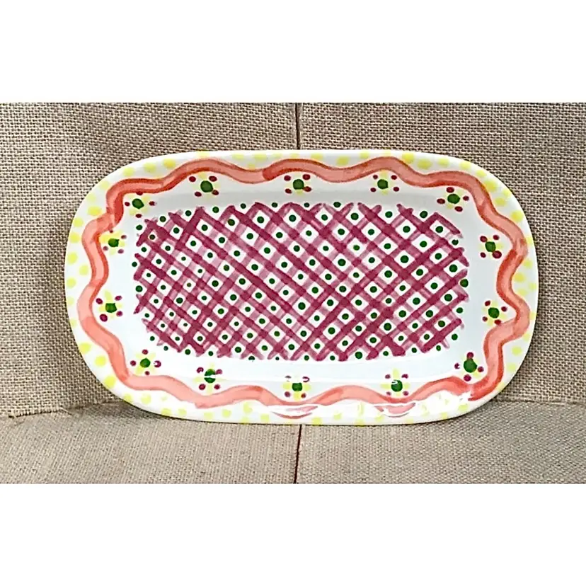 Small Checkered Polka Dot Pottery Platter Dish Whimsical Twee Playful Fun