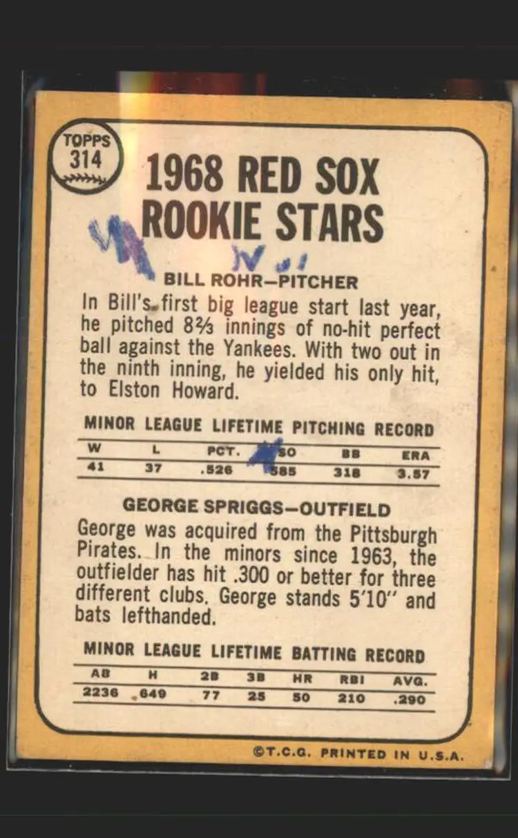 Red Sox 1968 Rookie Stars (Bill Rohr / George Spriggs) 1968 Topps #314 - (140) - Boston Red Sox