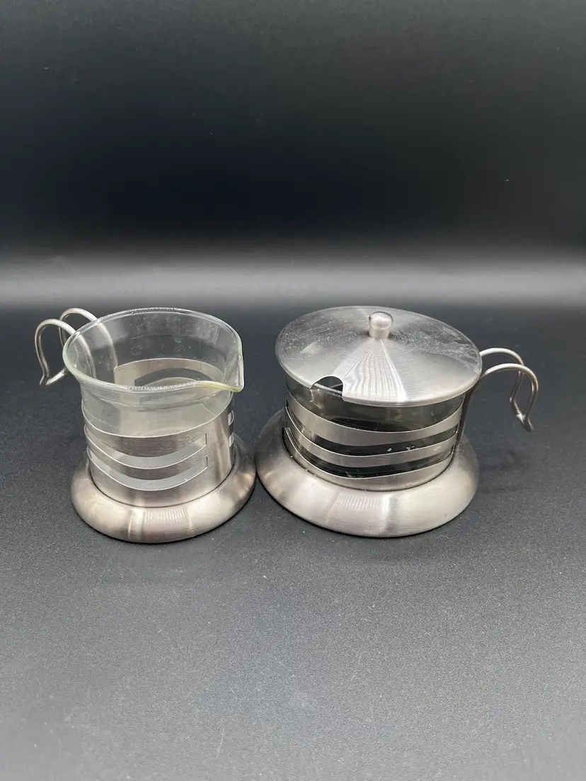 MCM Silver Tone Metal And Glass Creamer And Lidded Sugar Bowl