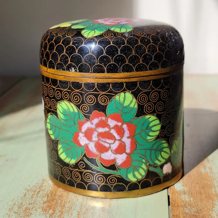 Vintage Cloisonne Tea Jar Box Brass Asian Chinese Lidded Floral Container
