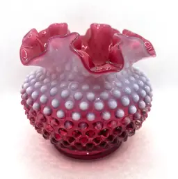 Vintage Fenton Cranberry Opalescent Hobnail Vase Ruffled Crimped Rim