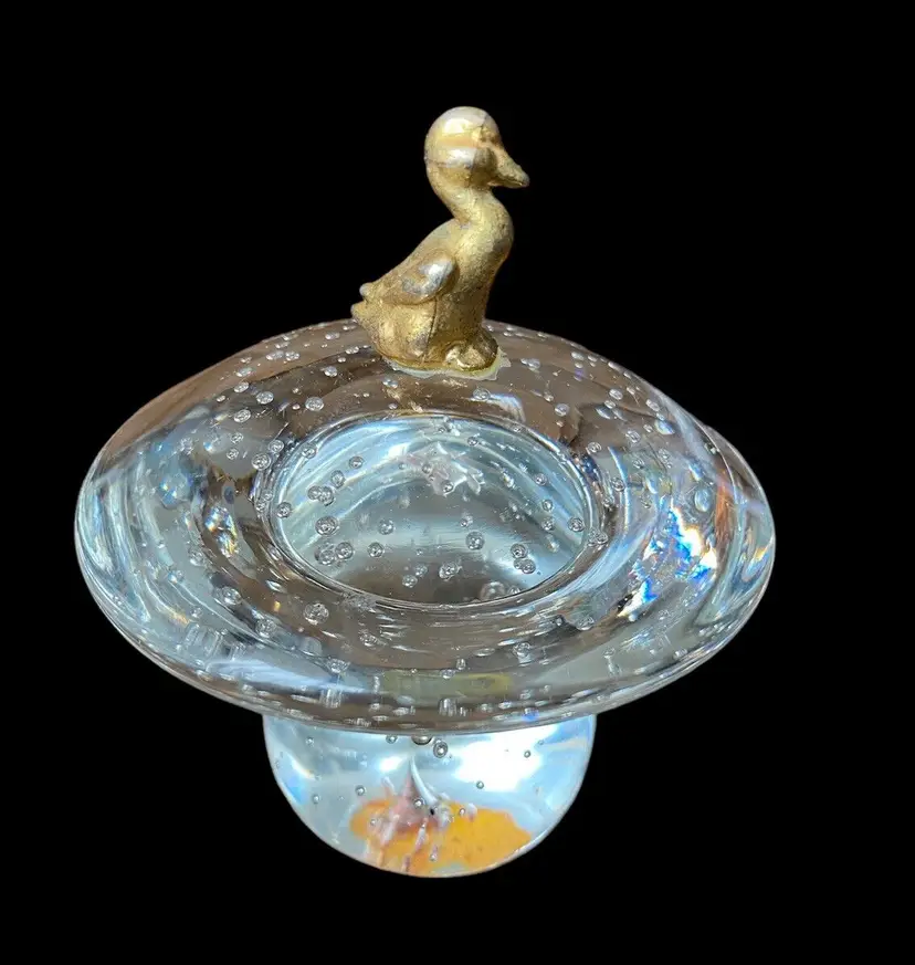 Vintage Enesco Controlled Bubble Clear Glass Mushroom Metal Duck Sitting On Top  is