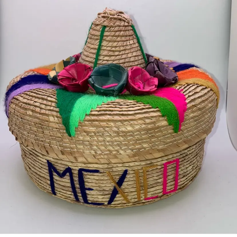 Woven Lidded Sombrero Basket With Woven Flowers - Mexico