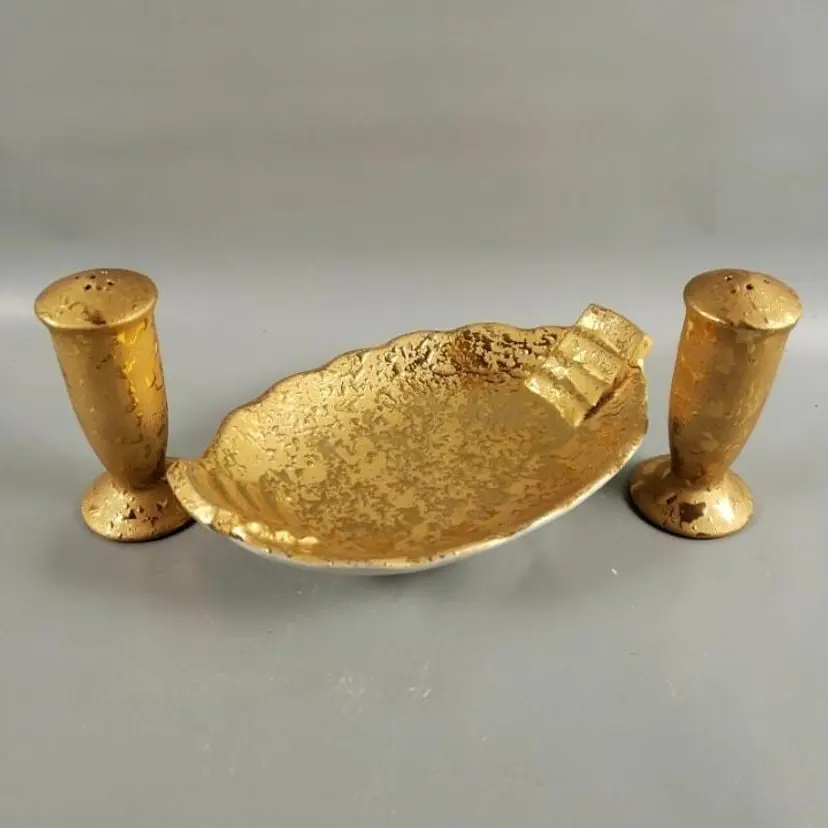 Vintage Mid Century LE MIEUX 22 KT Weeping Gold Ceramic Dish & Shaker Set