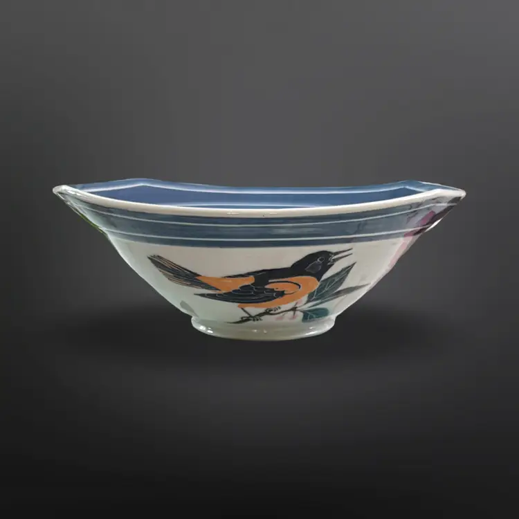 Studio Pottery Bowl with Hand Painted Orioles and Florals