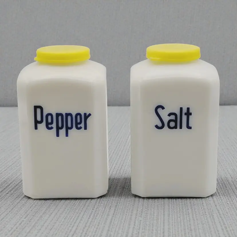 Vintage Milk Glass Blue Magic Advertising Salt & Pepper Shakers EUC