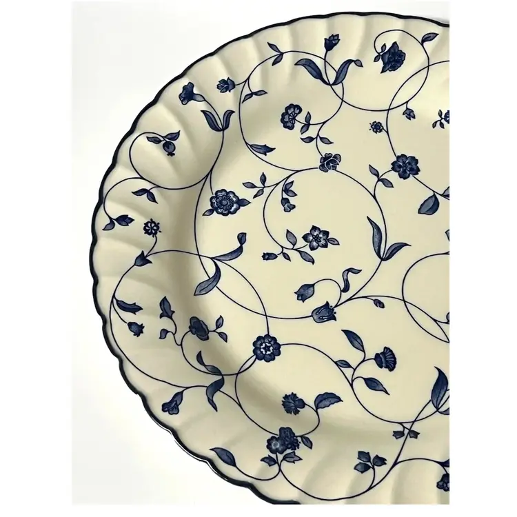 Staffordshire Tableware 'Oakwood' Cream Scalloped Edges Dinner Plate Blue Vine Floral Pattern 10 in Diameter