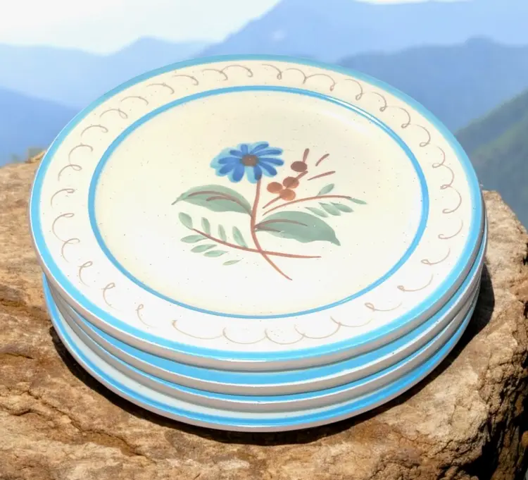 Retro Stangl Pottery Blue Daisy Hand Painted 3 Plate Set 6” 1 Saucer Vintage