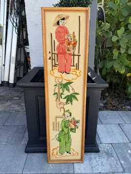 Vintage Tall Faux Bamboo Framed Needlepoint Artwork Asian Figures 34.25”