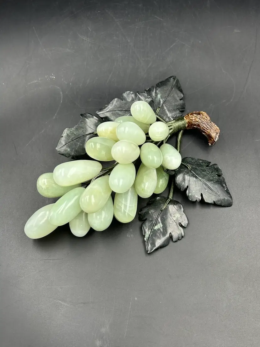Vintage Green Alabaster Stone, Grapes With Stone Leaves And Wood Stem 8” Read More