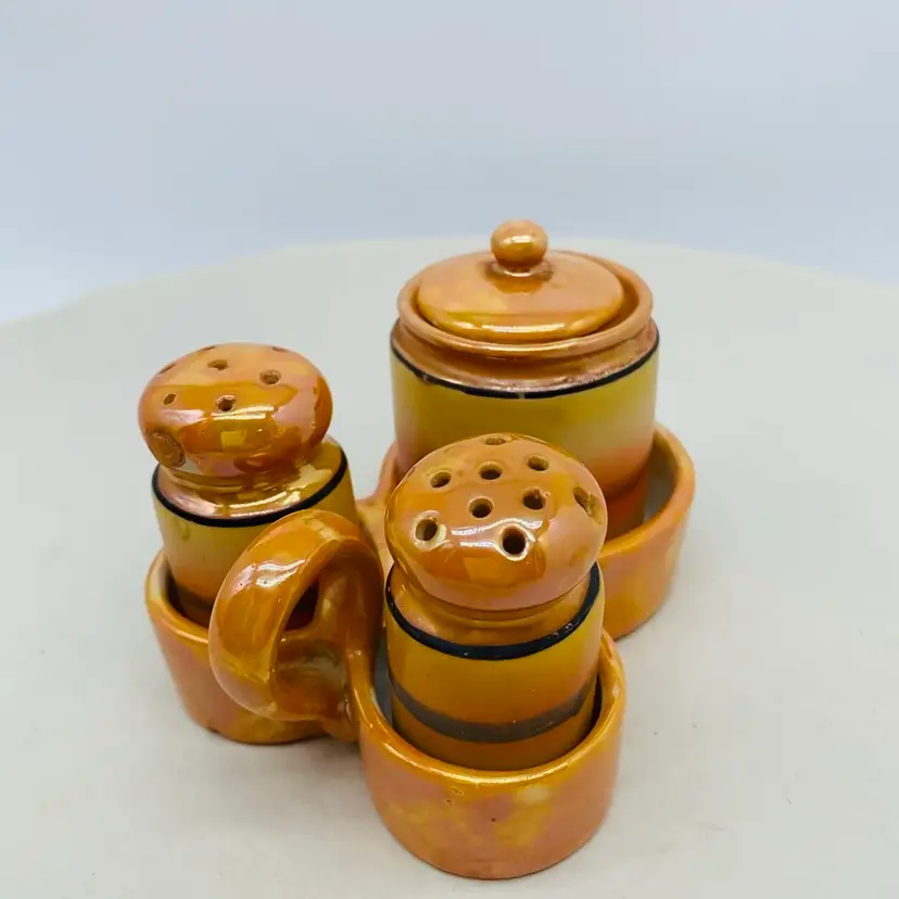 #2012 - 5 Piece Lusterware 1940s Japan Mustard Salt And Pepper