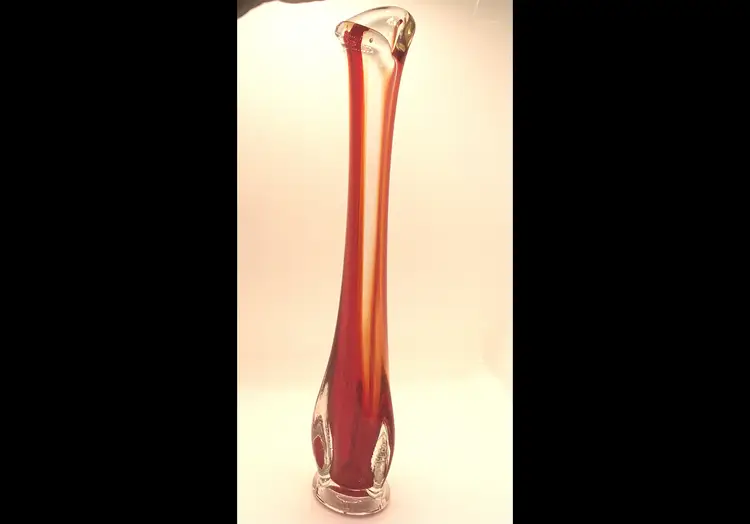 Vintage Ruby Red & Clear Glass Handblown Swung Vase