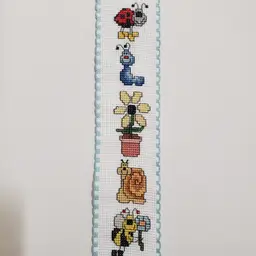 New Cross-stitched Bookmark With Insects, Snail , and Flower Stitched on Ribband with Blue Trim