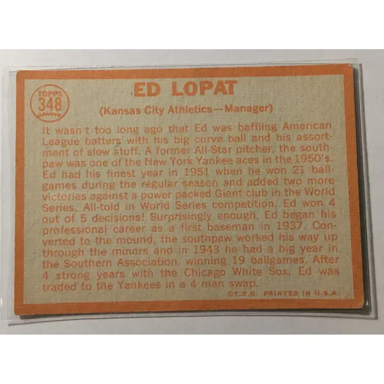1964 Topps #348 Eddie Lopat Athletics Baseball Card⚾