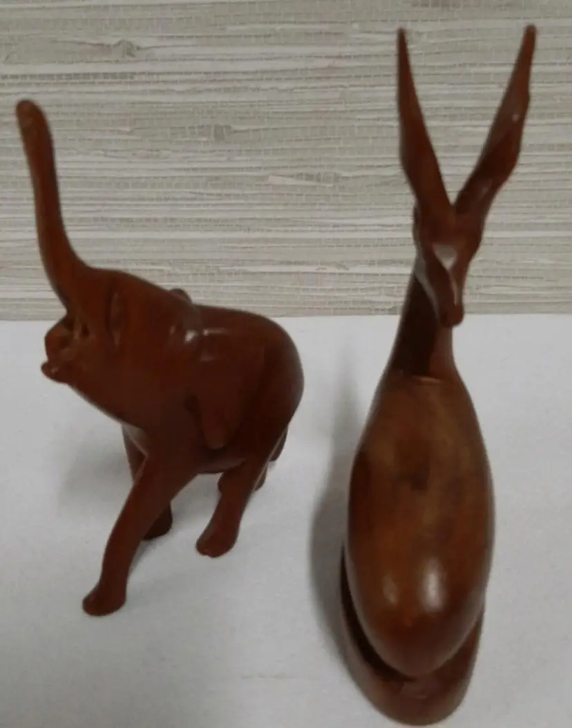 Two Small MCM Carvings, One of an Elephant without Tusks & an Antelope