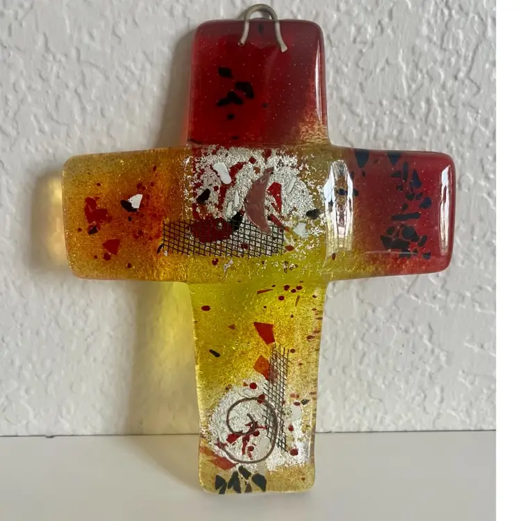 Fused Glass Cross Orange Yellow Christian