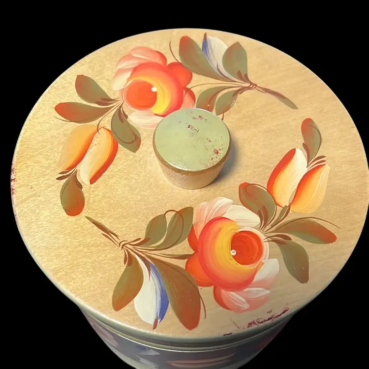 VTG 1970-80’s TURNED ROUND WOOD LID JAR HANDMADE HAND PAINTED FLORAL KARELIAN ORIG LABEL Approx. 6” Tall 5.5” Wide