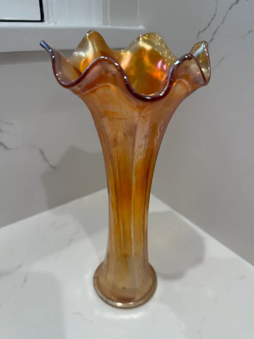 Vintage Fenton Marigold Carnival Glass Swung Vase 9”