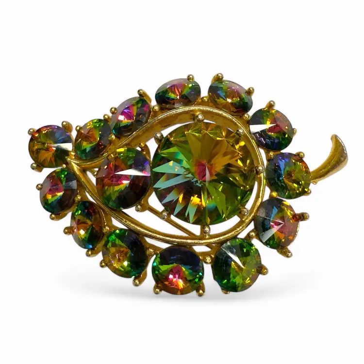 Signed Lisner Multicolores Green Rivoli Leaf Brooch