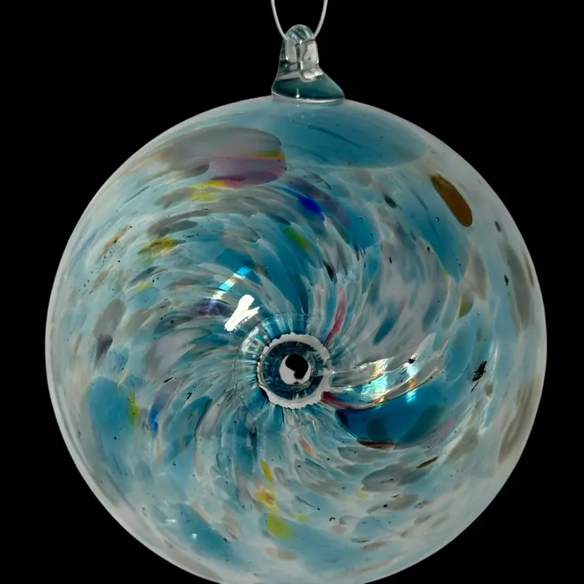Iridescent Spiral Spatter Glass Orb With Hole On Its Side 4.25”
