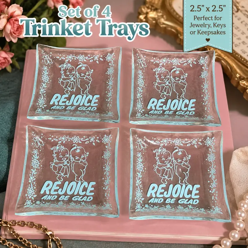 Set of 4 Vintage Rejoice And Be Glad Glass Trinket Dishes Kewpie Baby 2.5”